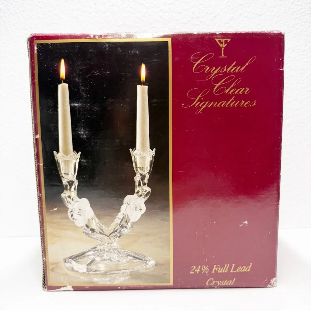 Vintage Crystal Clear Signatures Lead Crystal Floral Dual Candlestick